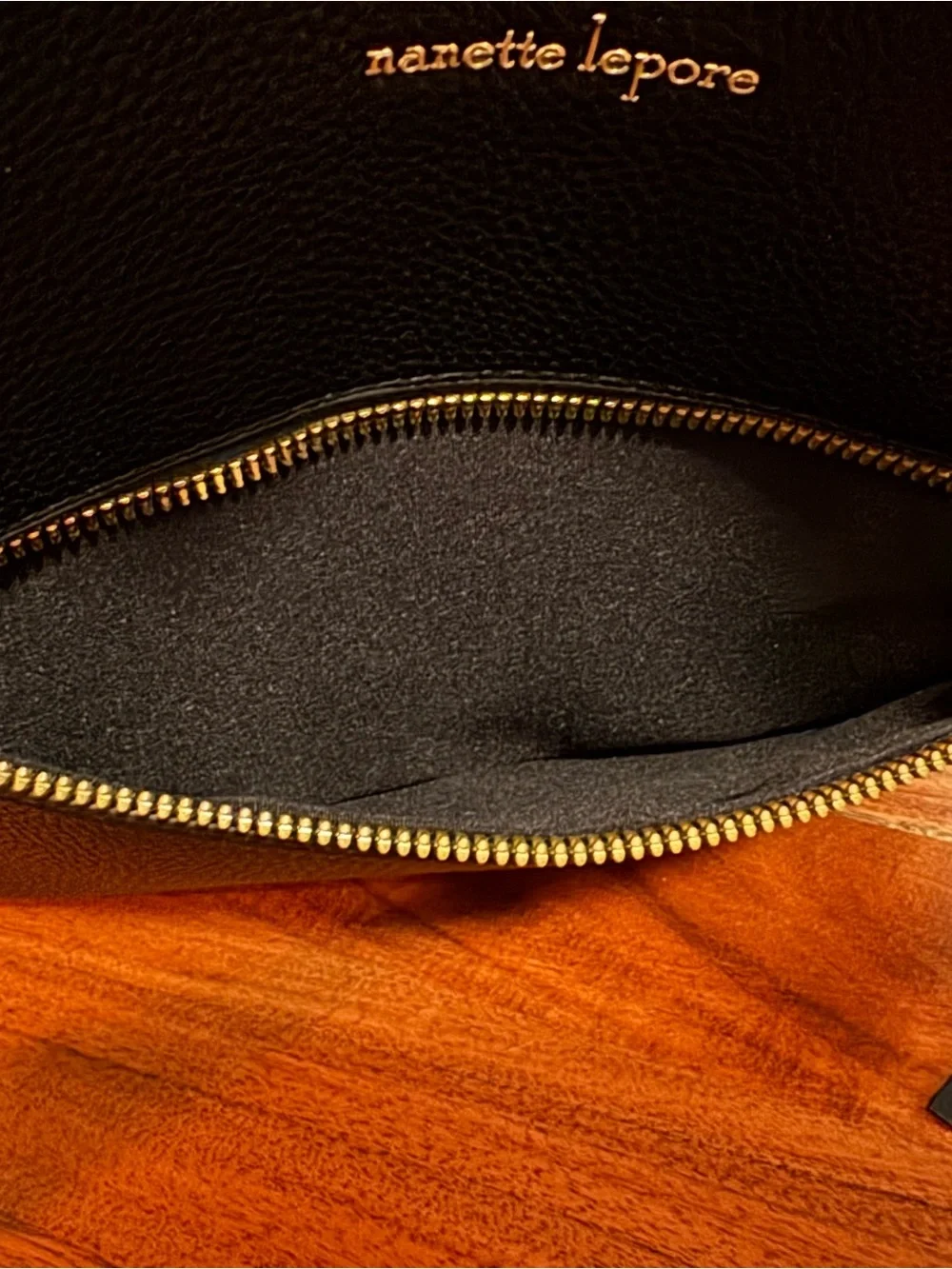 Nanette Lepore Black Pebbled Leather Messenger with Gold Accents